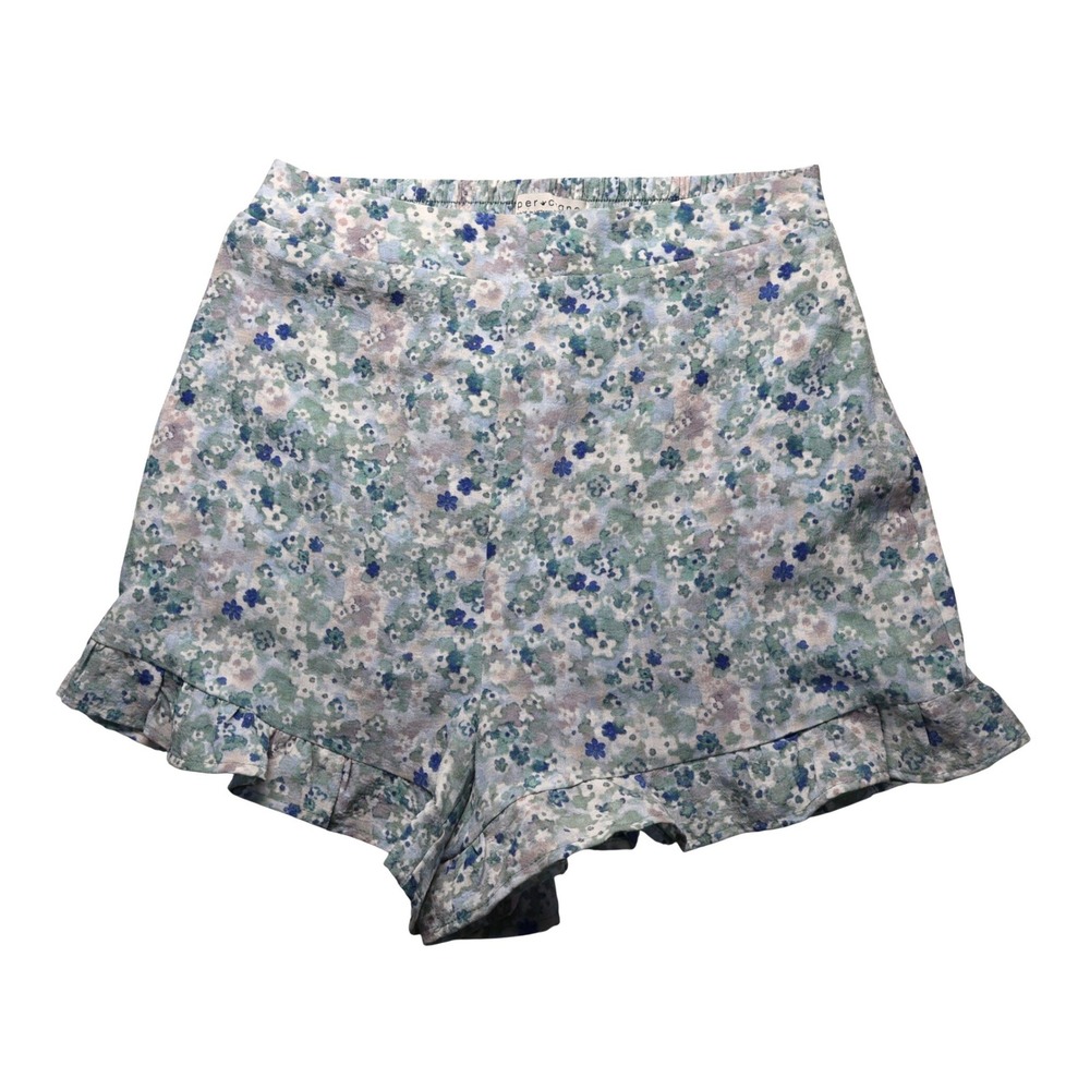 Paper Crane Floral Ruffle Shorts‎ Womens XS Blue Green Boho Cottagecore
